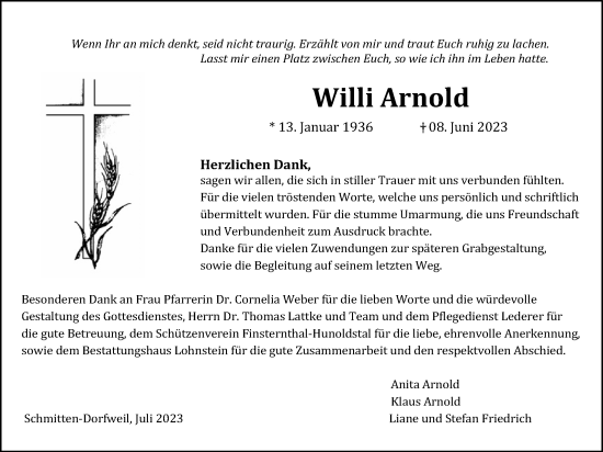 Traueranzeige von Willi Arnold von Usinger Anzeiger