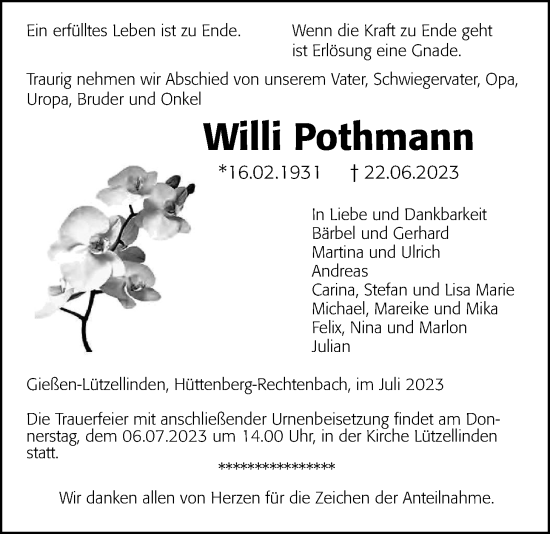 Traueranzeige von Willi Pothmann von Giessener Allgemeine, Alsfelder Allgemeine