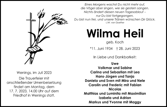 Traueranzeige von Wilma Heil von Kreis-Anzeiger
