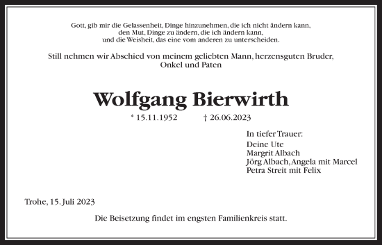 Traueranzeige von Wolfgang Bierwirth von Giessener Anzeiger, Giessener Allgemeine, Alsfelder Allgemeine