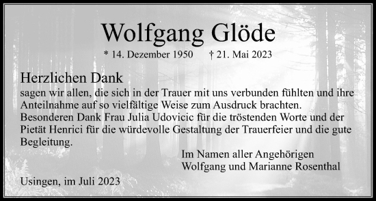 Traueranzeige von Wolfgang Glöde von Usinger Anzeiger
