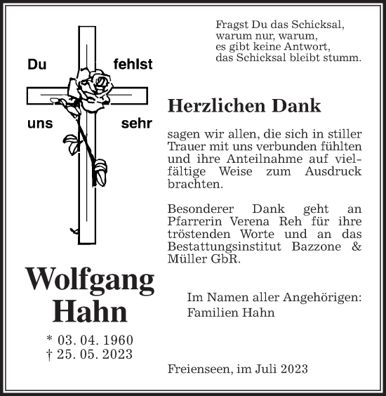 Traueranzeige von Wolfgang Hahn von Laubacher Anzeiger