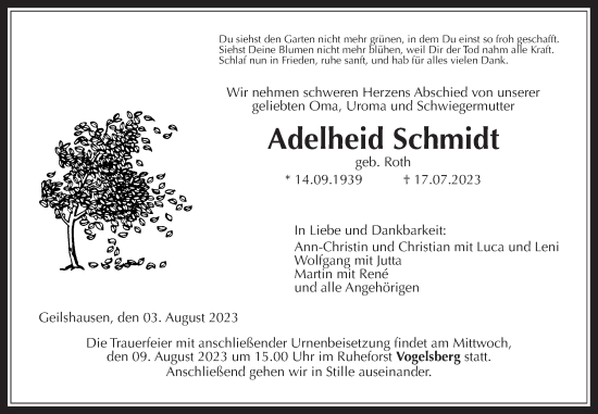 Traueranzeige von Adelheid Schmidt von Rabenauer Zeitung