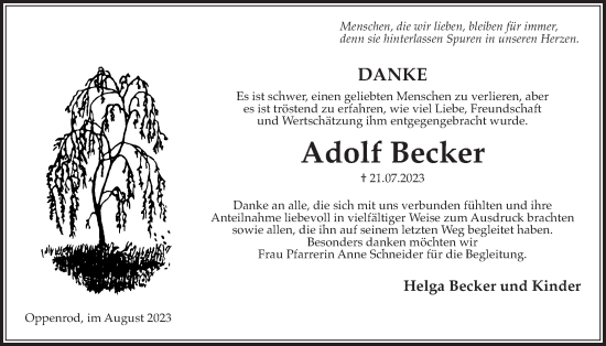 Traueranzeige von Adolf Becker von Giessener Allgemeine, Alsfelder Allgemeine, Giessener Anzeiger