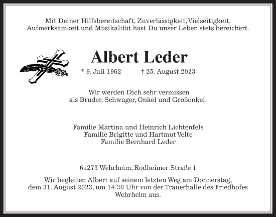 Traueranzeige von Albert Leder von Usinger Anzeiger