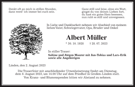 Traueranzeige von Albert Müller von Giessener Allgemeine, Alsfelder Allgemeine