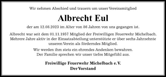 Traueranzeige von Albrecht Eul von Usinger Anzeiger