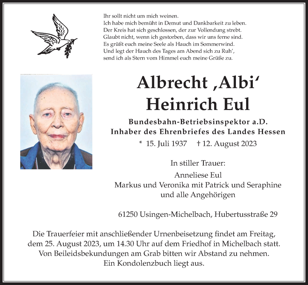  Traueranzeige für Albrecht Heinrich Eul vom 19.08.2023 aus Usinger Anzeiger