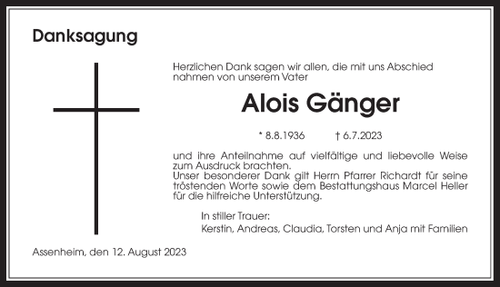 Traueranzeige von Alois Gänger von Wetterauer Zeitung
