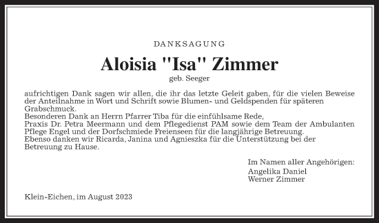 Traueranzeige von Aloisia Zimmer von Giessener Allgemeine, Alsfelder Allgemeine