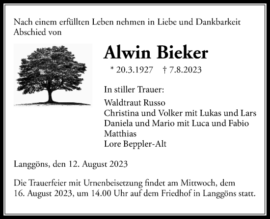 Traueranzeige von Alwin Bieker von Giessener Allgemeine, Alsfelder Allgemeine