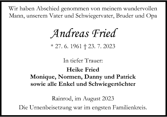 Traueranzeige von Andreas Fried von Kreis-Anzeiger
