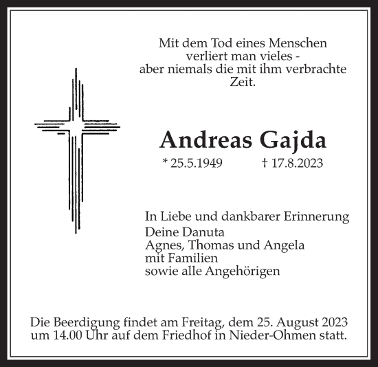 Traueranzeige von Andreas Gajda von Alsfelder Allgemeine, Mücker Stimme