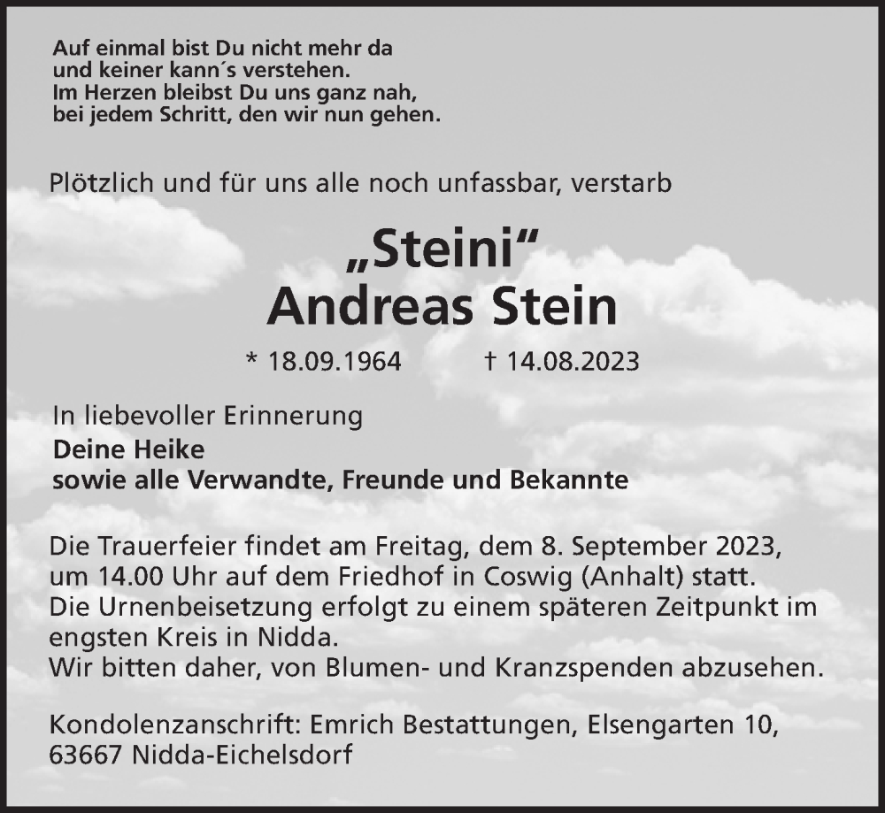  Traueranzeige für Andreas Stein vom 26.08.2023 aus Kreis-Anzeiger