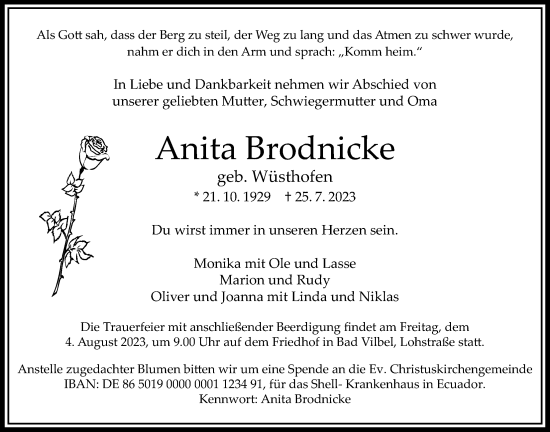 Traueranzeige von Anita Brodnicke von Bad Vilbel/Karben