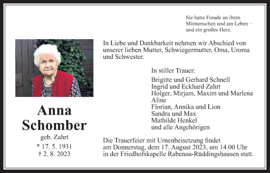 Traueranzeige von Anna Schomber von Giessener Allgemeine, Alsfelder Allgemeine