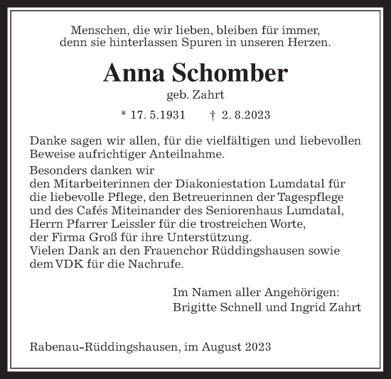 Traueranzeige von Anna Schomber von Rabenauer Zeitung