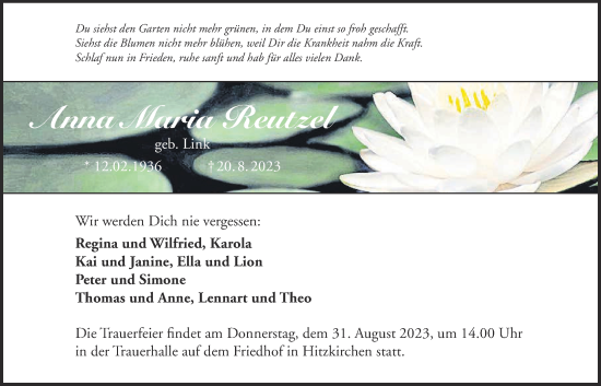 Traueranzeige von Anna Maria Reutzel von Kreis-Anzeiger