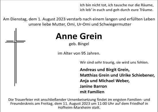 Traueranzeige von Anne Grein 