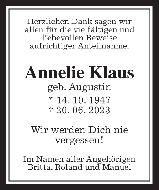 Traueranzeige von Annelie Klaus von Wetterauer Zeitung