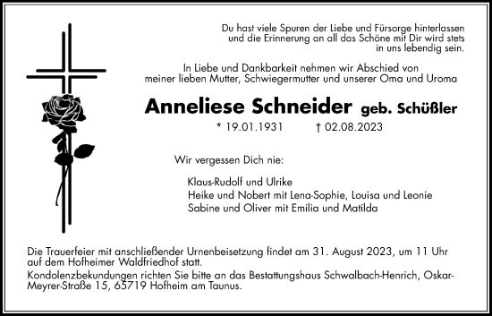 Traueranzeige von Anneliese Schneider 