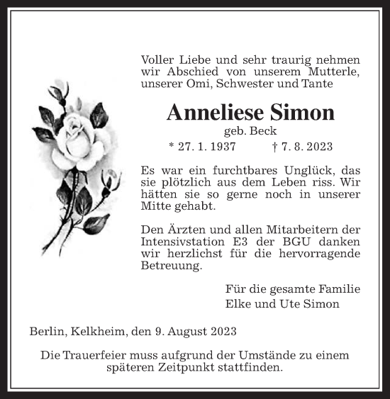 Traueranzeige von Anneliese Simon von Wetterauer Zeitung, 