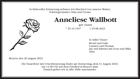Traueranzeige von Anneliese Wallbott von Giessener Anzeiger, Giessener Allgemeine, Alsfelder Allgemeine