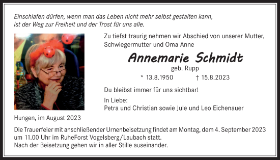 Traueranzeige von Annemarie Schmidt von Licher Wochenblatt