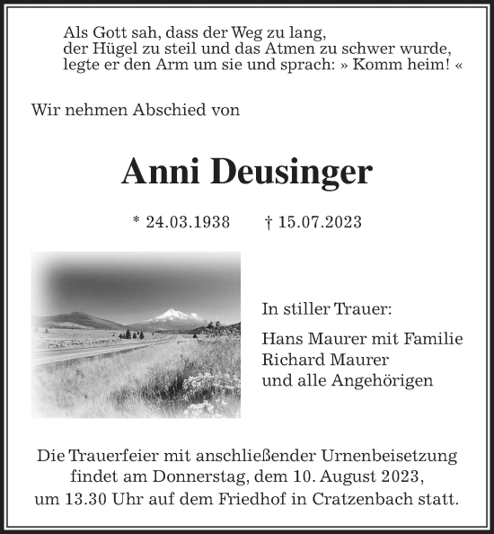 Traueranzeige von Anni Deusinger von Usinger Anzeiger