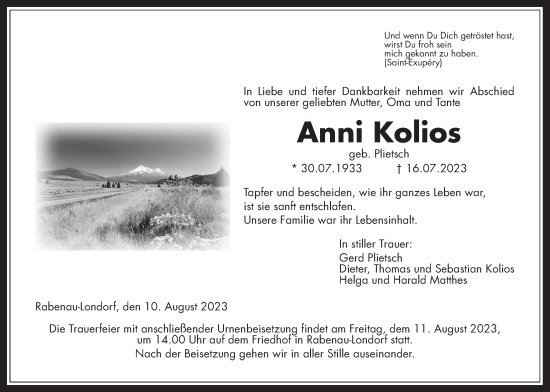 Traueranzeige von Anni Kolios von Rabenauer Zeitung