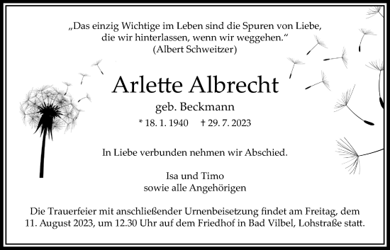 Traueranzeige von Arlette Albrecht von Bad Vilbel/Karben