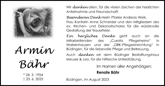 Traueranzeige von Armin Bähr von Kreis-Anzeiger