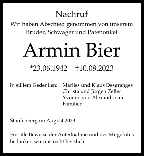 Traueranzeige von Armin Bier von Giessener Allgemeine, Alsfelder Allgemeine