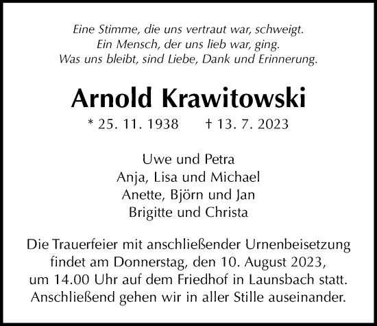 Traueranzeige von Arnold Krawitowski von Giessener Allgemeine, Alsfelder Allgemeine, Giessener Anzeiger