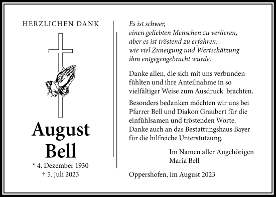 Traueranzeige von August Bell von Wetterauer Zeitung