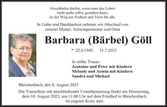 Traueranzeige von Barbara Göll von Kreis-Anzeiger