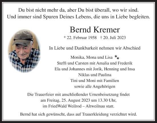 Traueranzeige von Bernd Kremer von Usinger Anzeiger