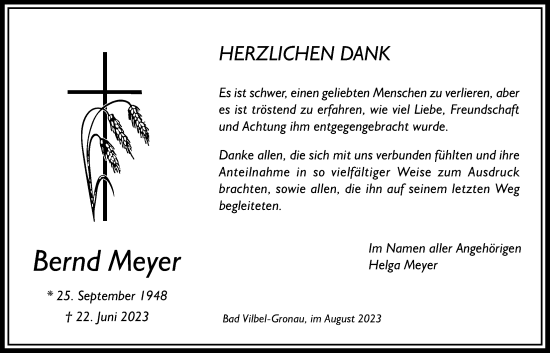 Traueranzeige von Bernd Meyer von Bad Vilbel/Karben