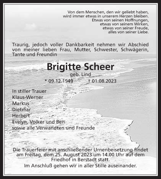 Traueranzeige von Brigitte Scheer von Wetterauer Zeitung