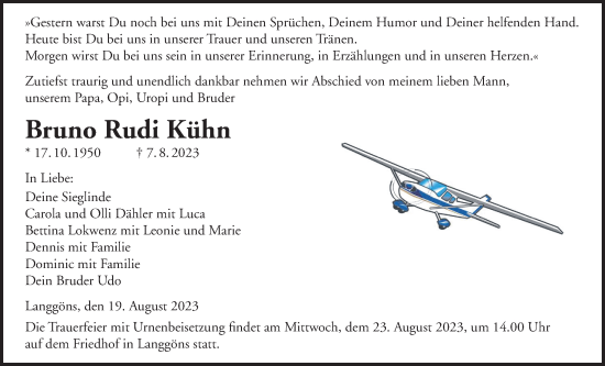Traueranzeige von Bruno Rudi Kühn von Giessener Allgemeine, Alsfelder Allgemeine