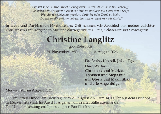 Traueranzeige von Christine Langlitz von Kreis-Anzeiger