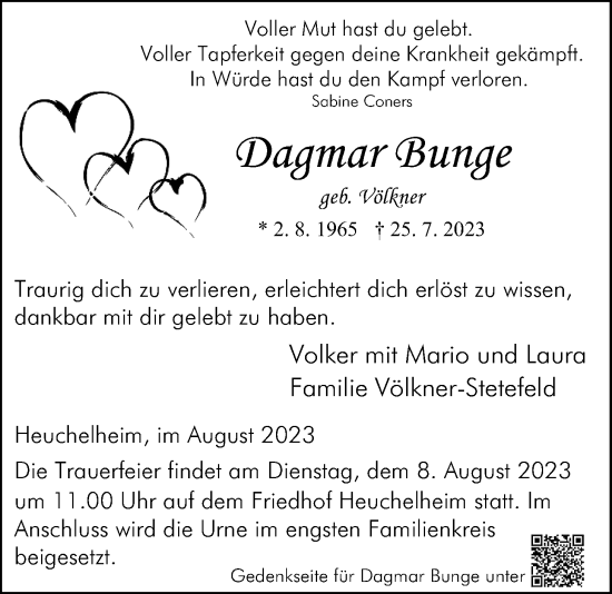 Traueranzeige von Dagmar Bunge von Giessener Allgemeine, Alsfelder Allgemeine