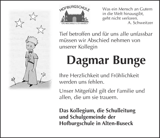 Traueranzeige von Dagmar Bunge von Giessener Allgemeine, Alsfelder Allgemeine