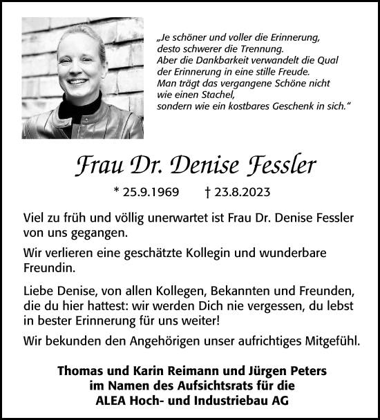 Traueranzeige von Denise Fessler von Bad Vilbel/Karben