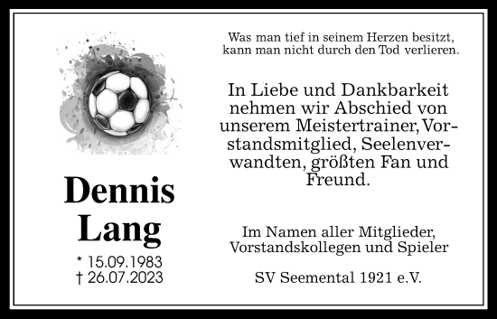 Traueranzeige von Dennis Lang von Kreis-Anzeiger