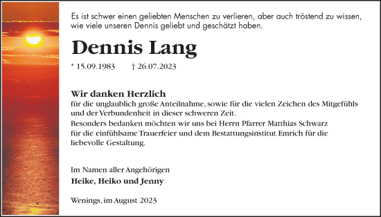 Traueranzeige von Dennis Lang von Kreis-Anzeiger