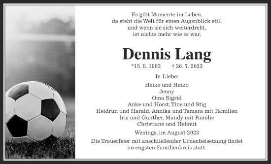 Traueranzeige von Dennis Lang von Kreis-Anzeiger