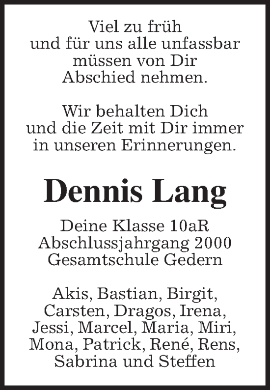 Traueranzeige von Dennis Lang von Kreis-Anzeiger