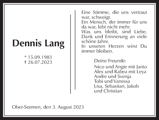 Traueranzeige von Dennis Lang von Kreis-Anzeiger