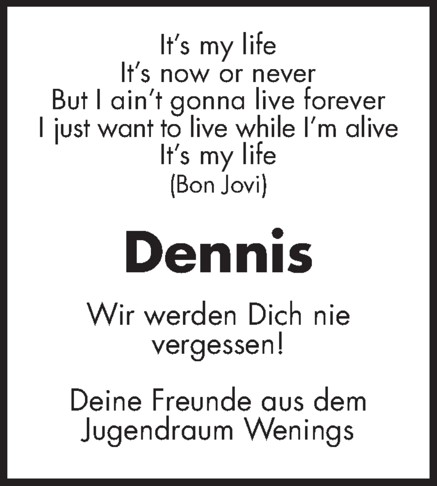  Traueranzeige für Dennis Lang vom 03.08.2023 aus Kreis-Anzeiger